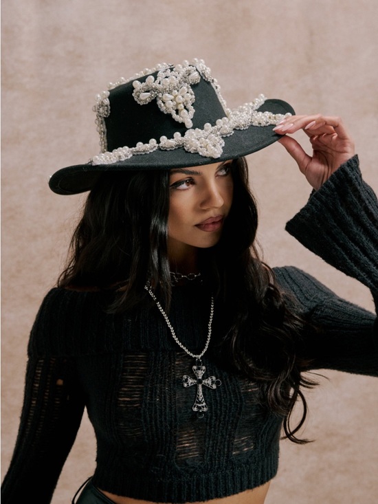 AKIRA Accessories - AKIRA Black Wide-Brim Pearl-Embellished Hat